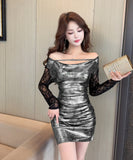 【3色】ミニドレス キャバドレス セクシー スパンコール  タイトワンピース Vネック レース切り替え メタリック風 ストレッチ素材  着痩せ LW2-DD5838