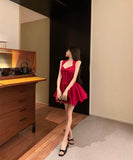 ミニドレスレッドAライン着痩せ気質お姫様誕生日ドレスリボンカワセクシーセレブ風エレガントパーティーイベント高級感 WQ2-XKD-D445-2268-Apr9