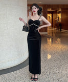 Lady's coco ロングドレス キャバドレス  セクシー ベロア キャミワンピース スリット入り 上品セクシー ハイウエスト ドレス  結婚式 二次会 披露宴 パーティー 上品 LW2-DD5946