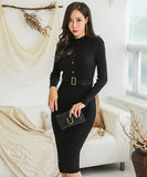 Lady's coco 膝丈ドレス キャバドレス セクシー 韓国スタイル ニットタイトワンピ 半ハイネック スリムフィット ウエストマーク ミディ丈 LW2-DD6029