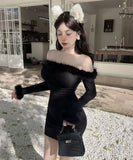 【3色】ミニドレス キャバドレス セクシー クリスマス フェザー オフショルダー ウエストマーク タイトシルエット 長袖 デート JC2-DD6108