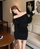 【3色】 ミニドレス キャバドレス セクシー ニットワンピース オフショルダー タイトフィット ペンシルスカート風  シックスタイル LW2-ZED883252GT510B