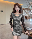 【3色】ミニドレス キャバドレス セクシー スパンコール  タイトワンピース Vネック レース切り替え メタリック風 ストレッチ素材  着痩せ LW2-DD5838
