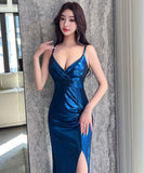 【3色】ロングドレス キャバドレス セクシー Vネック スリット入り タイト マーメイドワンピース 披露宴 二次会 パーティー お呼ばれ LW2-OYF9757