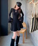 【2色】 ミニドレス キャバドレス セクシー ヘプバーン ニットワンピース トランペットスリーブ フレアスカート Aライン お出かけ デートLW2-OYF64044