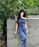 【2色】上下セットワイドパンツエレガントセクシーオフショルダー通勤女子力着痩せ気質同伴個性感 WQ2-DD4818