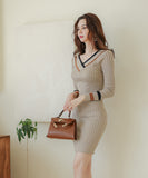 Lady's coco 膝丈ドレス キャバドレス セクシー 韓国スタイル 新作 バイカラー タイトワンピース オフショルダー LW2-DD6033