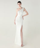 ロングドレス キャバドレス セクシー ワンショルダー サテン タイト マーメイドドレス プリーツ スリット入り 夜会 パーティー 結婚式 JC2-YEY33598