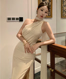 Lady's coco ロングドレス キャバドレス セクシー サテン ワンショルダー  エレガント 気質アップ 二次会 披露宴 上品 LW2-XHY5229