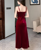 【2色】ロングドレス キャバドレス  セクシー キャミワンピース パールストラップ ベロア素材 フレンチガーリー  ウエストマーク 細見え  大人可愛い LW2-OYF655#6505##50