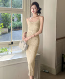 【2色】ロングドレス エレガント セクシー タイトドレス シャネル風 パールビジュー スパンコール ニット スリット入り デート 結婚式 二次会 JC2-MLS8406