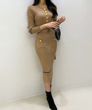 【2色】Lady's coco ロングドレス キャバドレス セクシー クルーネック 長袖 バイカラー ニットワンピース ポケット付き ウエストリボン LW2-DD6031