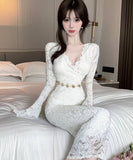 【3色】ロングドレス キャバドレス セクシー Vネック レース切り替え タイトワンピース ベルト付き 上品 シルエット LW2-DD6011