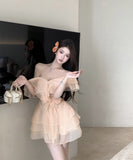 【2色】ミニドレスキャバドレスセクシーフリル着痩せ気質かわいいオフショルダー同伴Aライン WQ2-XKD-D318A-6280-Mar9