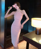 【4色】膝丈ドレス キャバドレス 着痩せ セクシー ホルターネック YH2-ZED889353GT510