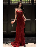 ロングドレス キャバドレス セクシー キラキラ スパンコール スリット入り フォーマルドレス ボルドー JC2-XHY917207