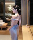 ロングドレス キャバドレス セクシー バックレス リボンデザイン リボンデザイン ツヤ感 オフショルダー サテン パーティー JC2-XHY918302