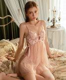 【2色】ルームウェア ランジェリー セクシー メッシュ 刺繍 盛りパッド サイドスリット ガウン付きセット JC8-GR-XZ6456