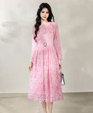 【3色】ロングドレス エレガント フェミニン レース 長袖 ウエストマーク Aライン 美シルエット シャネル風 ボタン装飾 お出かけ 日常 JC2-ZED889519-2GT415