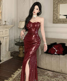 ロングドレス キャバドレス セクシー ベアトップ スパンコール ドレープ 着痩せ スリット パーティー JC2-WDS5321