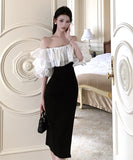 膝丈ドレス キャバドレス セクシー フレンチ ラメ入り フリル切り替え パフスリーブ オフショルダー ウエストマーク スリット入り JC2-XHY918509