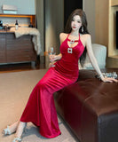 【2色】ロングドレス キャバドレス セクシー ホルターネック カットアウト ビジュー付き フィット感 JC2-WDS5508