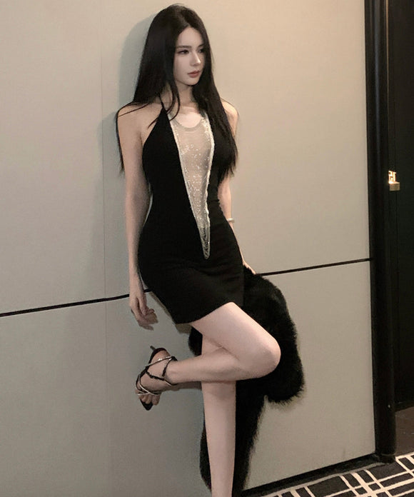 ミニドレス キャバドレス セクシー ホルターネック シアー切り替え タイトワンピ キラキラ 透け感 夜遊び 指名 JC2-XHY9315