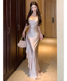 ロングドレス キャバドレス セクシー バックオープン ギャザー サテン エレガント パーティー JC2-XHY919292