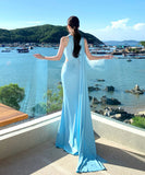 Lady's coco ロングドレス キャバドレス セクシー 肌見せデザイン カットアウト ウエスト ハイスリット ドレープ ライトブルー パーティー バースデー イベント JC2-XHY918251