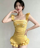 【2色】ビキニ 水着 爽やかガーリー タイトシルエット 清楚系 レトロ チェック柄 体型カバー 細見え 温泉 リゾート ワンピース水着 JC7-YQ-HH887QDLL