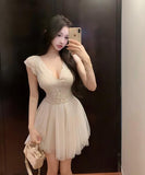 ミニドレス　名媛風ノースリーブ 高腰Aライン 涼感Vネック ドレスおしゃれ HMZ2-XKDD335A-2975-Jun9