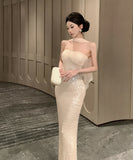 ロングドレス キャバドレス セクシー ベアトップ スパンコール ウエストマーク ショール付き バースデー パーティー JC2-DD3816