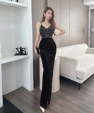 【4色】ロングドレス キャバドレス セクシー 韓国風 Vネック 細見え ベルベット キャミソール パーティー JC2-MLS7787611