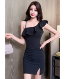 【2色】ミニドレス キャバドレス セクシー 韓国風 ワンショルダー キャミワンピ 上品 ボディコン JC2-JX5887