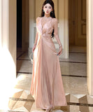 Lady's coco ロングドレス キャバドレス セクシー シャンパンピンク 調節可能 ディープV バックレス ツイストデザイン ギャザー入り 誕生日 パーティー JC2-XHY919295