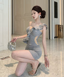 【3色】ミニドレス キャバドレス セクシー ワンショルダー フリル チェーン ボディコン フォーマル JC2-DD4038