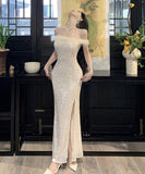 Lady's coco ロングドレス キャバドレス セクシー フレンチ オフショルダー スパンコール タイトシルエット 高見え ふわふわフェザー付き パーティー JC2-YKE450A8676