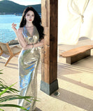 ロングドレス キャバドレス セクシー シルバー スパンコール 背中開き Vネック キラキラ 年会 二次会 JC2-XHY912609