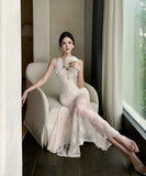 ロングドレス キャバドレス セクシー フレンチ レース ホルターネック シアー 細見え JC2-XHY919863