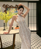 ロングドレス キャバドレス セクシー レース フリル ホルターネック バックオープン マーメイドライン パーティー JC2-XHY9895