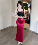 【2色】Lady's coco ロングドレス キャバドレス セクシー 韓国風 サテン 配色 フラワー装飾 スリット入り ボディコン JC2-MLS81282009