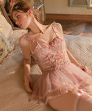 ルームウェア ランジェリー セクシー セット メッシュ スイート系 フリルスリーブ 刺繍入り 誘惑 レース JC8-GR6634