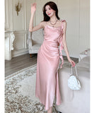 【3色】膝丈ドレス セクシー フレンチ風 ドレープネック スリット サテンキャミワンピ エレガント 花柄プリーツ バックレス パーティー 二次会 JC2-CD2-655-65480580