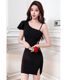 【2色】ミニドレス キャバドレス セクシー 肩見せ 上品 ボディコン ビジュー付き スリット入り 指名 クラブ JC2-JX5818