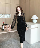 膝丈ドレス キャバドレス セクシー レトロ風 長袖 チュール スパンコール ベルベット スリット入り ボディコン JC2-WDS5570