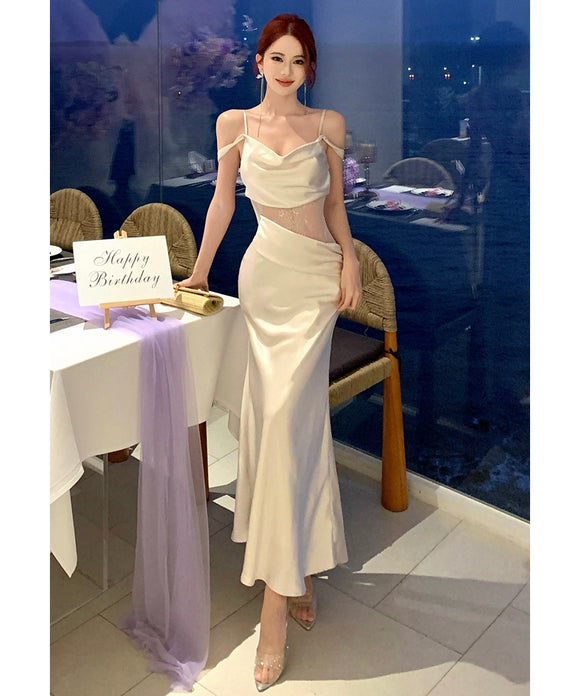 ロングドレス キャバドレス セクシー ドレープネック レース切り替え 