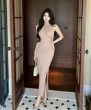 ロングドレス キャバドレス セクシー ホルターネック リボンタイ 上品 スリット入り ヒップライン デート 通勤 JC2-DD6335