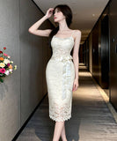 【2色】膝丈ドレス キャバドレス セクシー フレンチ レース キャミワンピ タイトフィット レースアップ JC2-DD6332