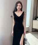 【3色】ロングドレス キャバドレス セクシー ローカット スリット入り 上品 バックオープン イブニングドレス パーティー JC2-YM9217