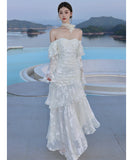 ロングドレス キャバドレス セクシー フレンチ マーメイド バタフライジャカード フリル 長袖 JC2-XHY913212